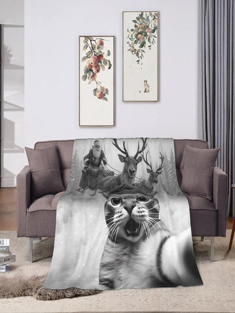 Funny Cat Selfie Santa Merry Christmas Blanket Soft Warm Throw for Winter Bedroom Students Holiday Home Decor
