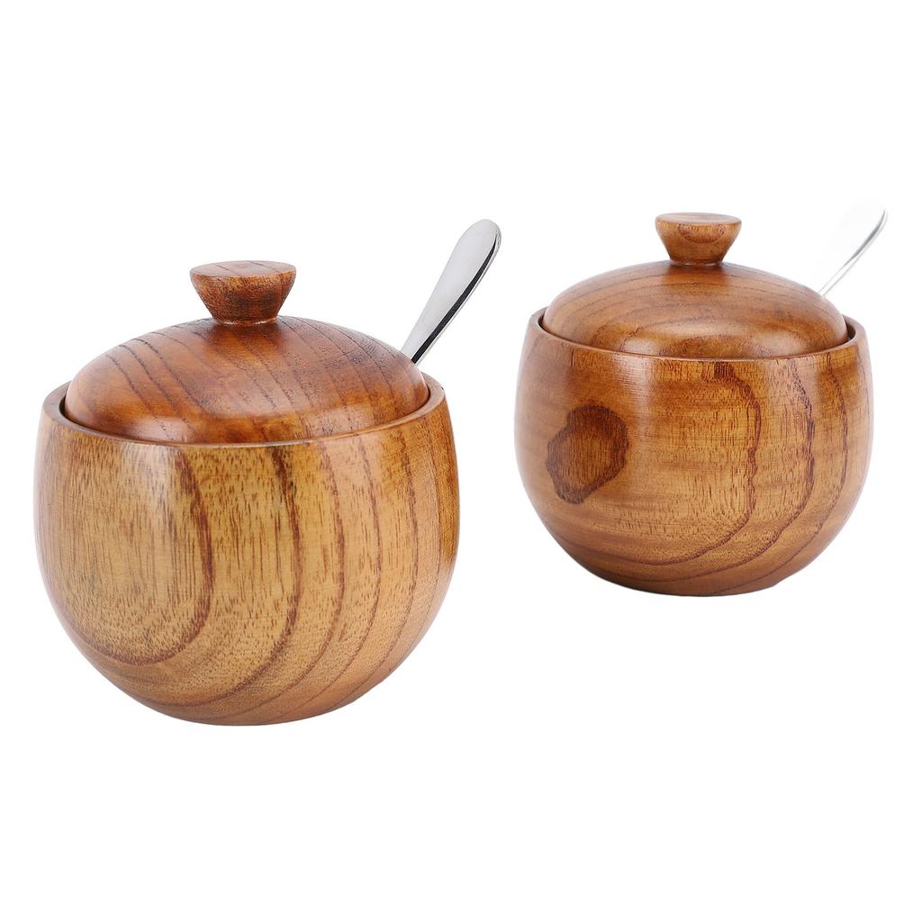 2pcs Wood Salt Bowl Multifunctional Salt Jar with Lid Spoon for Sugar Condiment Spices