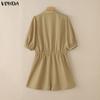 VONDA Women Lapel Collar Half Sleeve Loose Casual Short Jumpsuits Rompers Overalls