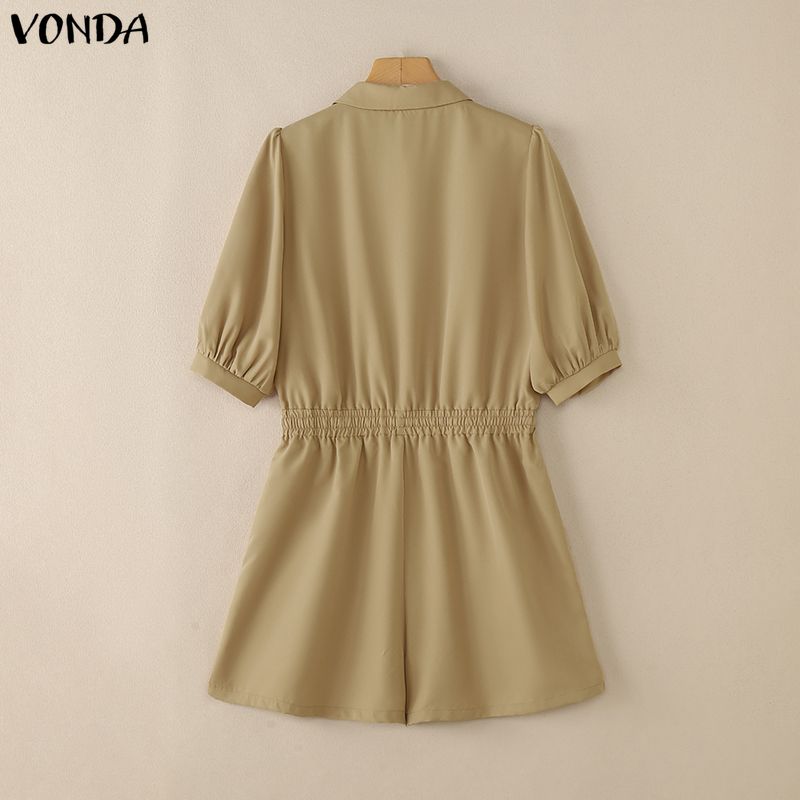 VONDA Women Lapel Collar Half Sleeve Loose Casual Short Jumpsuits Rompers Overalls