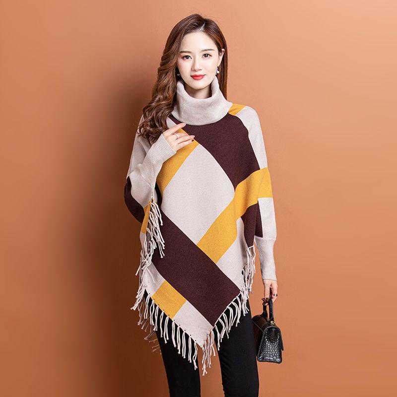 Podzimní a zimní nový volný a zeštíhlující rolák s třásněmi plášť šál netopýří košile pletený svetr pulovr dámské oblečení