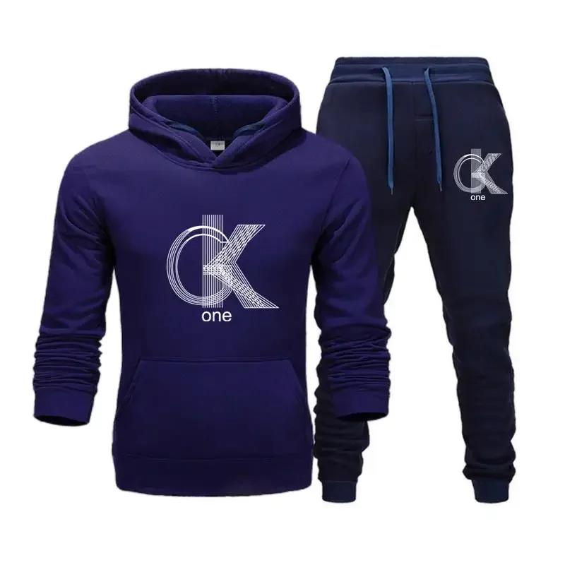 Linegeo Men Hoodie & Jogger Set, Refined Striped Interlocked Letter Art Print, Thick Fleece Sport Two Piece Set for Street Leisure