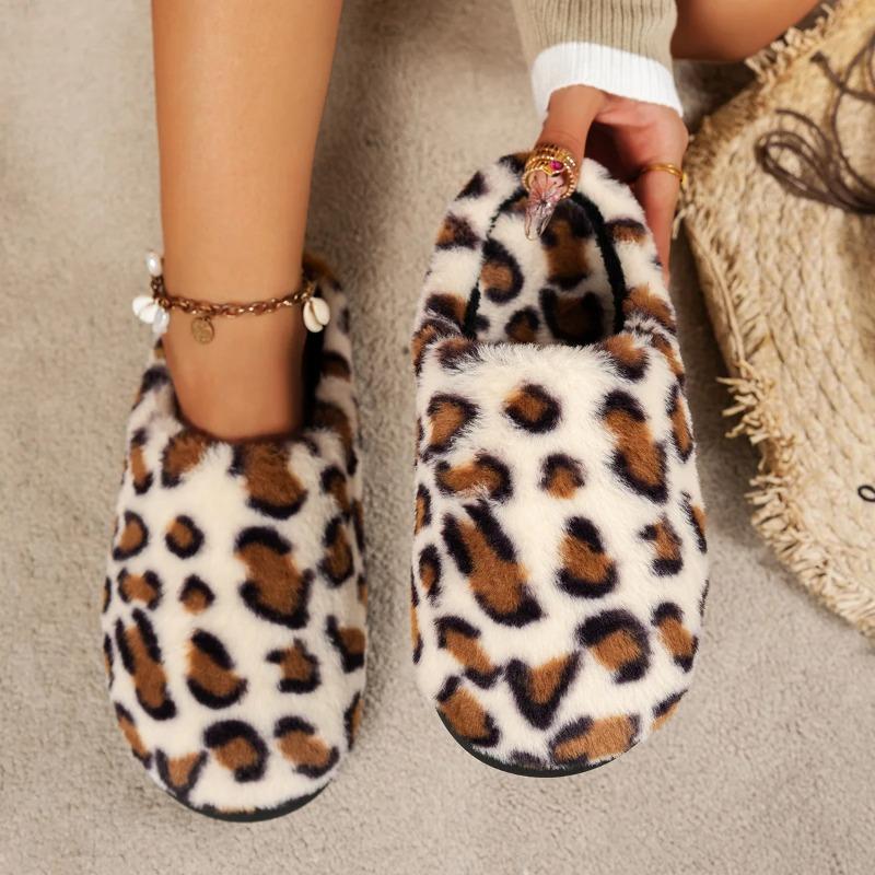 Leopard Color Fluffy Slippers For Women Men Witner Home Floor Shoes Warm Faux Fur Anti-slip Couples Indoor Cotton Slipper