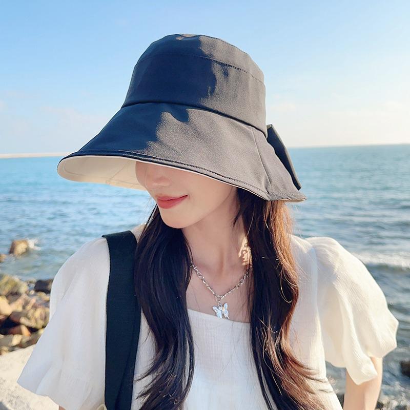 Women Big Bowknot Bucket Hat Solid Color Wide Brim Sun Protection Fisherman Panama Cap Sweet Girl Female Travel Beach Visors Hat