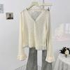 V Neck Flare Long Sleeve Knit Top Summer Versatile Loose Sun Protection Cover Up Blouse Women