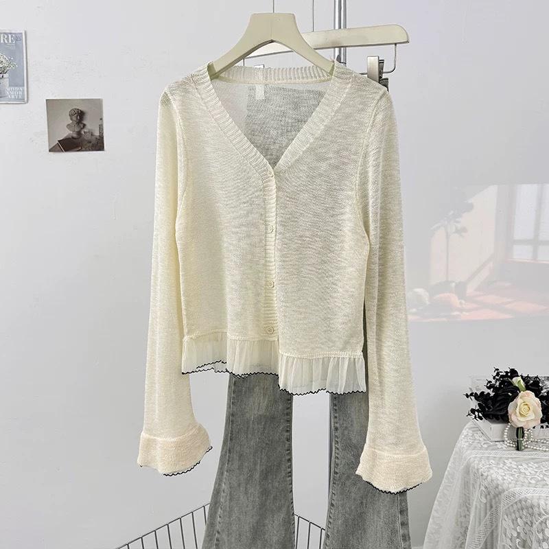 V Neck Flare Long Sleeve Knit Top Summer Versatile Loose Sun Protection Cover Up Blouse Women