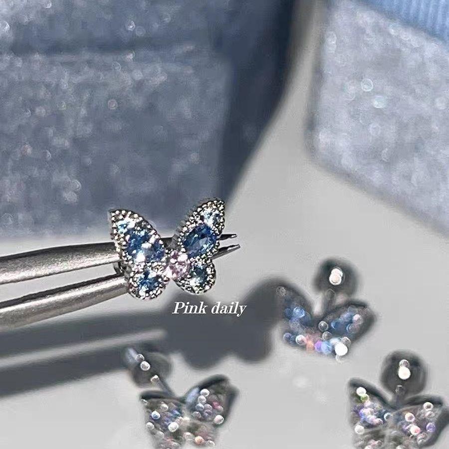 High-End Shiny Blue Butterfly Cartilage Stud Earrings for Sleep & Shower - Japanese Korean Niche Design