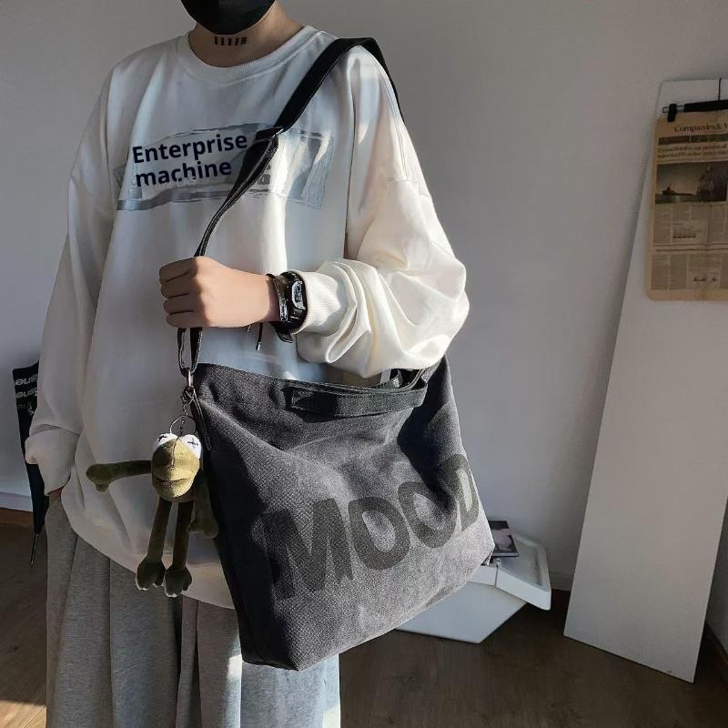 1Pc Top Canvas Bag Youth Men Shoulder Bags Large Capacity Hand Bags Letter Printed Crossbody Bag For Women Students School Bags