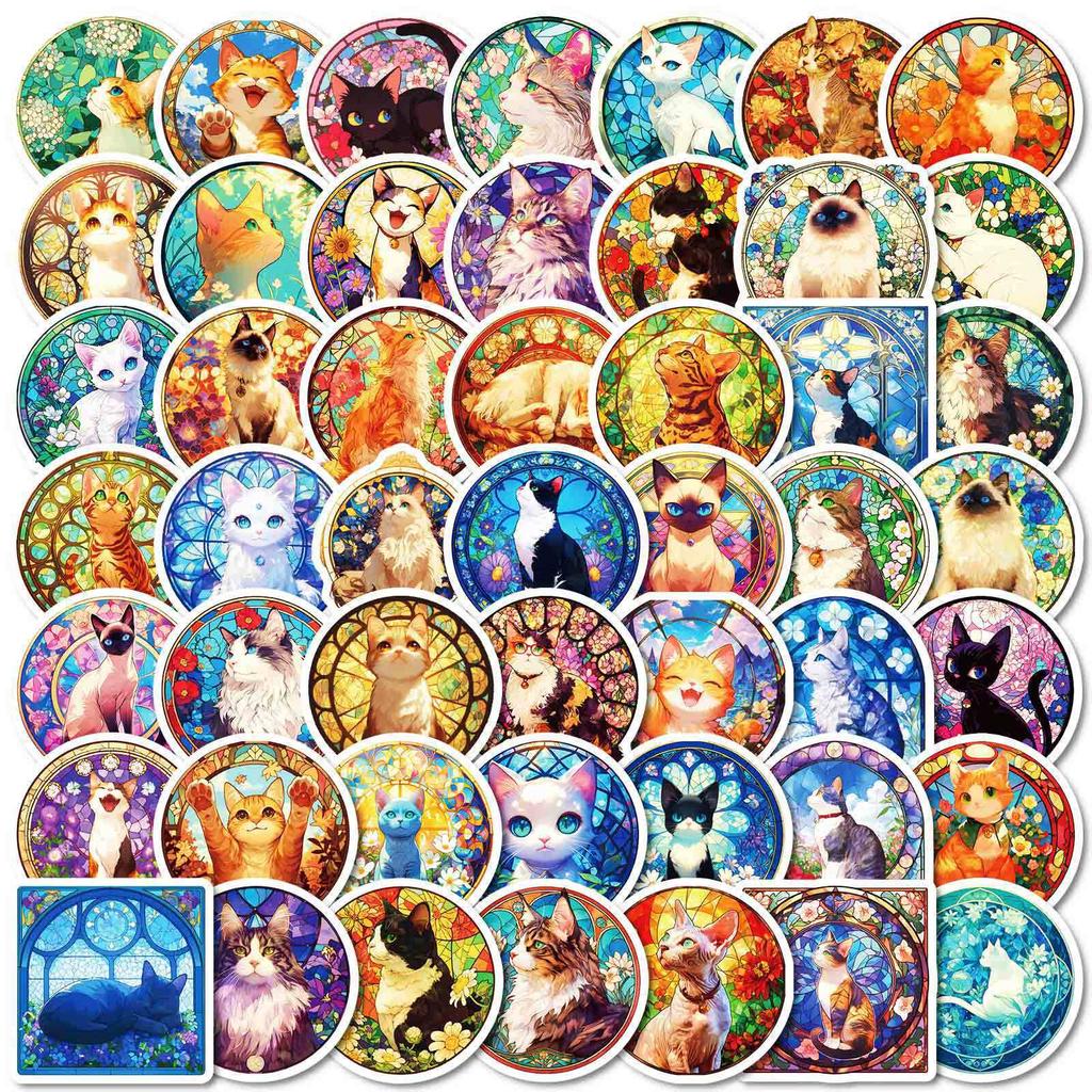 50 PP Material Waterproof Color Glass Cat Stickers DIY Mobile Phone Water Cup Laptop Decoration Stickers