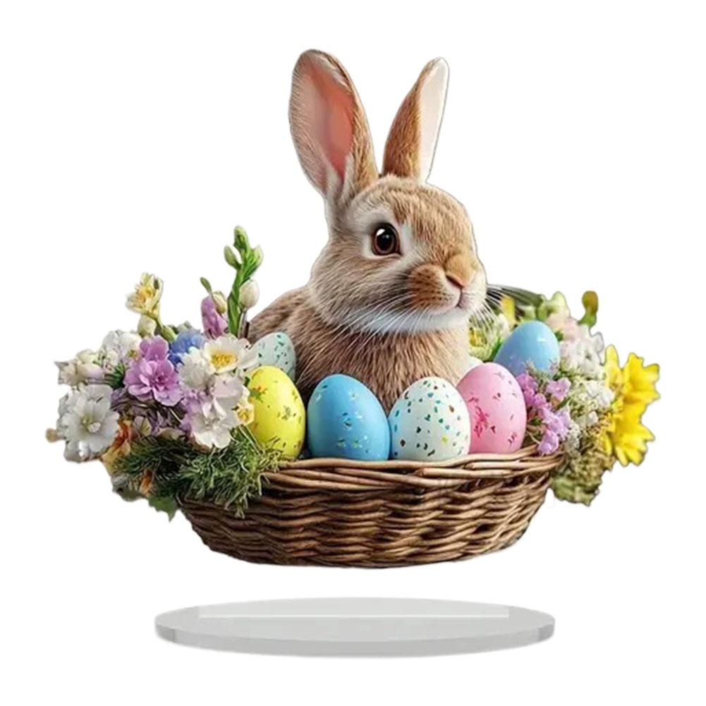 

2D Acrylic Easter Bunny Figurine Rabbit in Basket with Eggs Flowers Desktop Decoration for Home Table Easter Party Decor 2026
