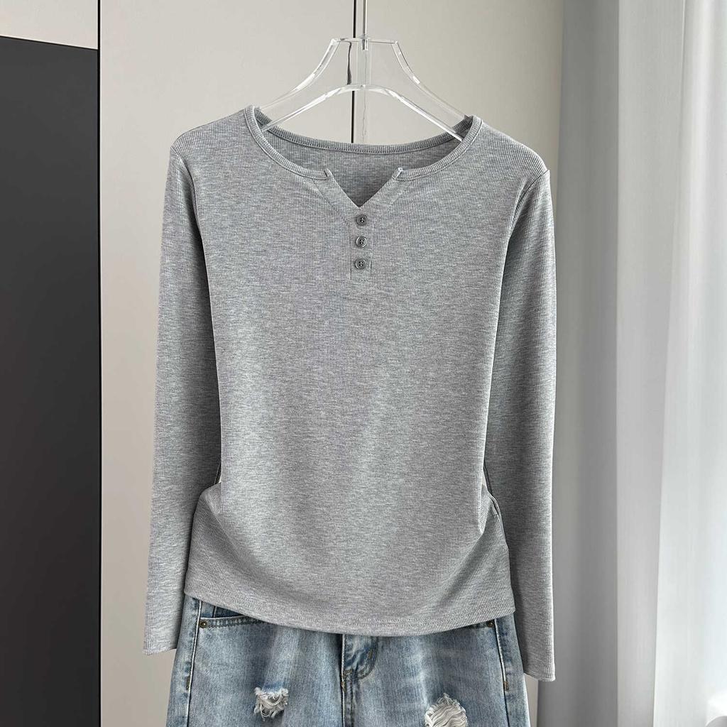 Stylish Long Sleeve T-Shirt Ribbed Slim Standard Shoulder Top For Autumn Stretchy Slim Base Layer Soft Ribbed Fabric Good For Inner And Outer Wear Top