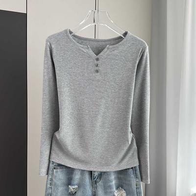 Stylish Long Sleeve T-Shirt Ribbed Slim Standard Shoulder Top For Autumn Stretchy Slim Base Layer Soft Ribbed Fabric Good For Inner And Outer Wear Top