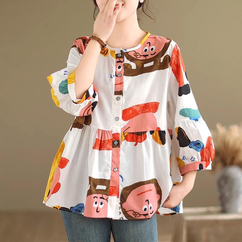 ZANZEA Women Casual Round Neck Loose Long Sleeve Print Blouse