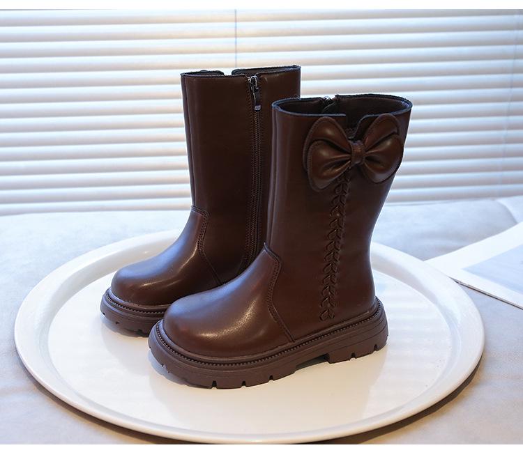 Dívčí kozačky po koleno v britském stylu s fleecovou podšívkou a mašlí - Móda podzim/zima 2025 pro malé princezny s měkkou podrážkou