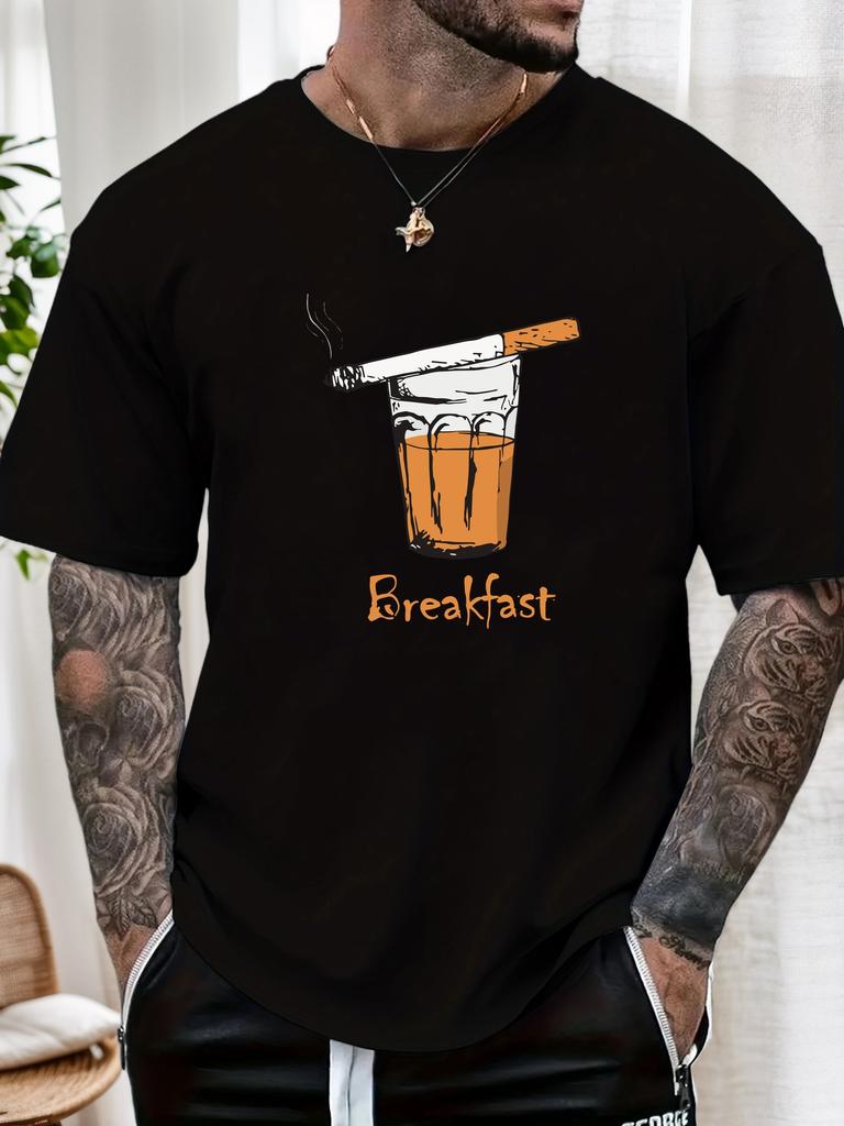Mens Casual Tshirt Breakfast Cigarette Drink Print Short Sleeve Round Neck Breathable Oversized Edgy Daily Tee