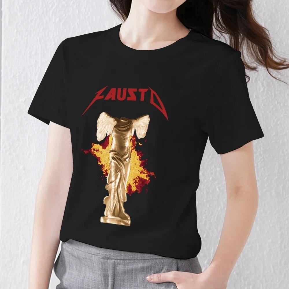 Retro Frauen Kleidung T-shirt Casual Slim Top Einfache Schwarz Pendler Kurzarm Lustige Skulptur Print Damen Mode O-ansatz Top