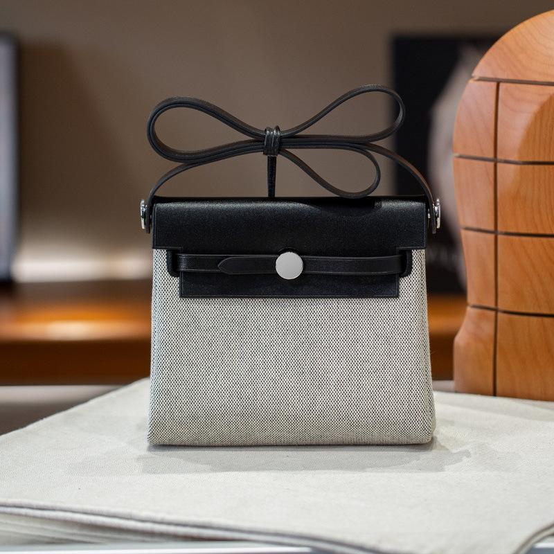 2025 Nuevo 20cm Cuero Vacuno Con Lona Y Bolso de Cuero+mini Bolso Bandolera de Hombro con Cuero Genuino y Tela