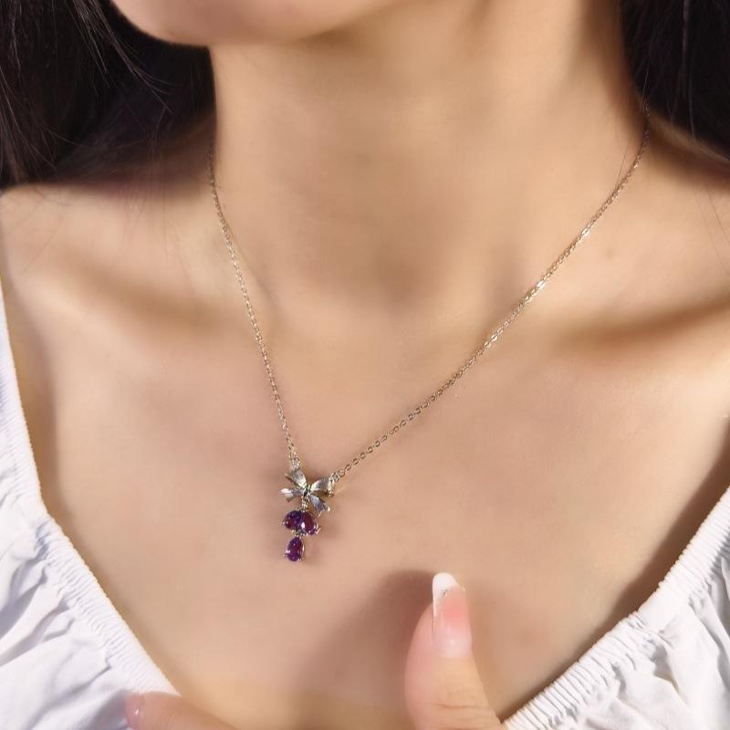 

S925 Silver Brushed Bow Necklace Women s Light Luxury Tassel Natural Crystal Stone Pendant Premium Sense Clavicle Chain Gift 925 silver