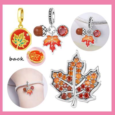 Copper Autumn Zircon Maple Chestnuts Charms Beads Pendant For Original Bracelet Woman Girl Jewelry