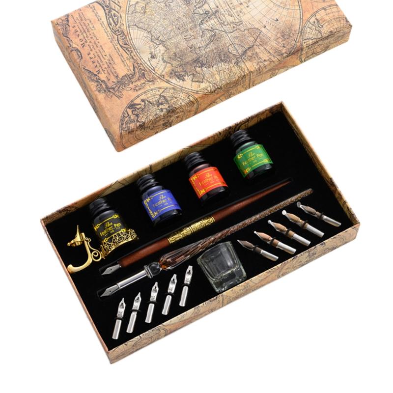 Vintage Tauchfedern Füllfederhalter Schreibtusche 10 Federn Stifthalter Geschenkbox Kalligraphie Schreibwaren Schulbedarf schwarz