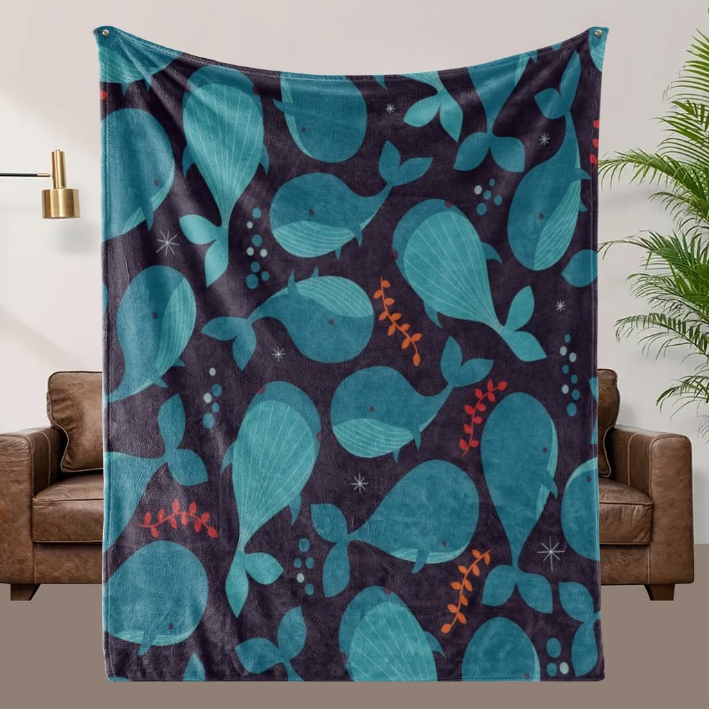 Cozy Ocean-Themed Flannel Blanket with Whales and Fish - Soft, Breathable Polyester, All-Season Use, Perfect Gift for Family and