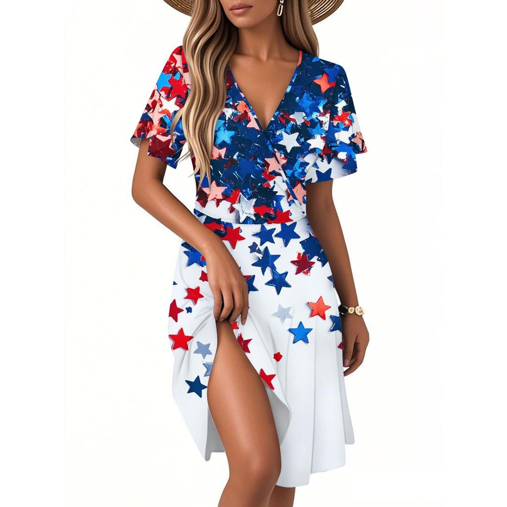 Dámské ležérní módní šaty Vintage květinové květinové šaty s krátkým rukávem a výstřihem do V