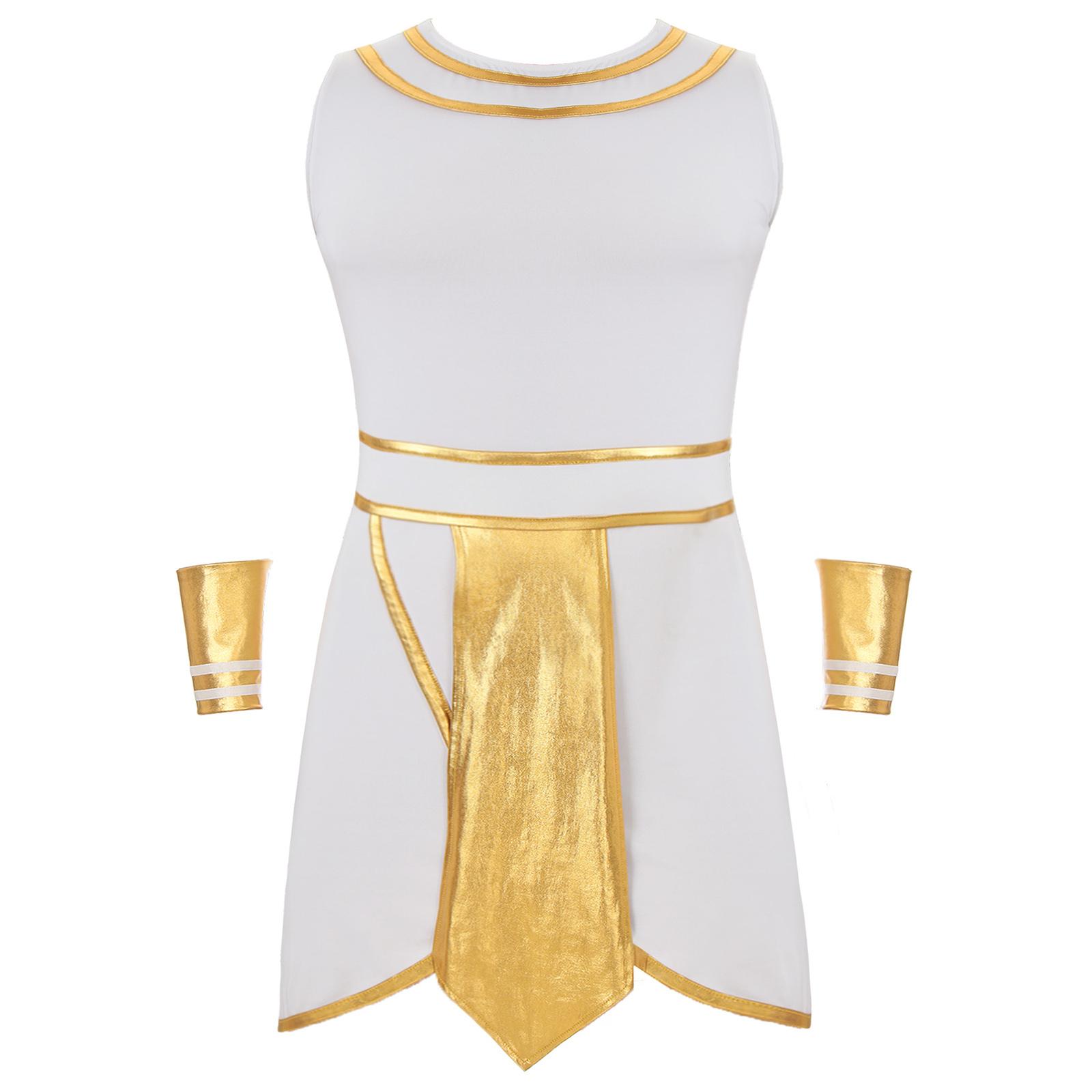 

Mens Ancient Egypt Costume Role Play Outfit Contrast Color Round Neck Sleeveless Dress with Cuffs S білий