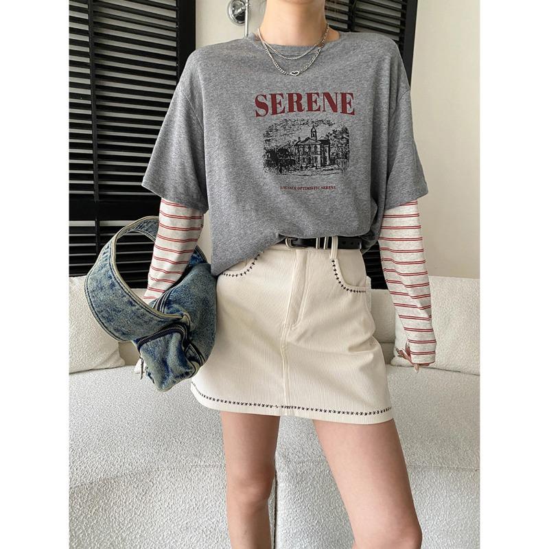 Sinan Early Spring Retro Stripe Patchwork Round Neck Long Sleeve T-Shirt SN8613 One Size хизер серый