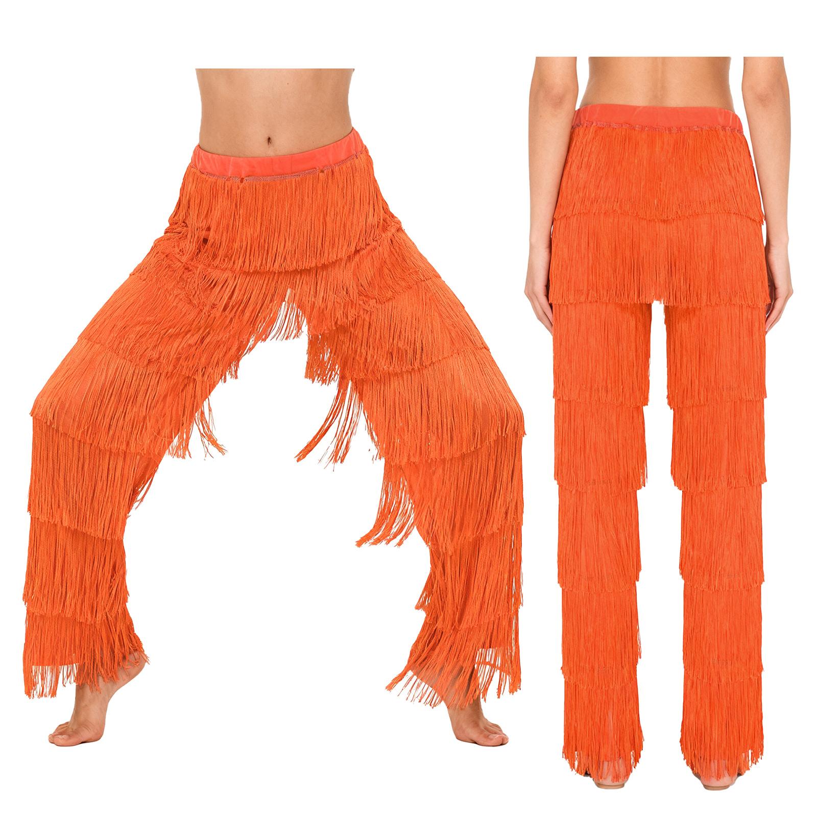 

Womens Latin Dance Fringe Pants Elastic Waistband Contrast Color Tassel Trousers Cha Cha Tango Rumba XL
