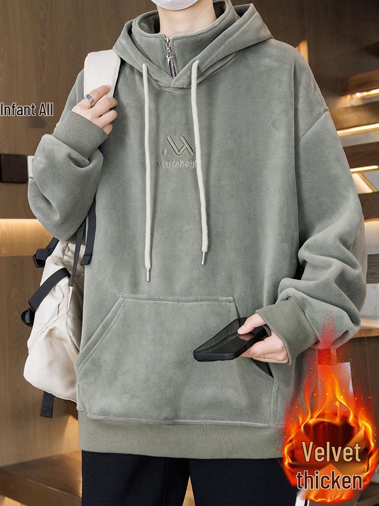 Men's 2025 Style Double-Sided Fleece Hoodie, Thickened Inner Layer, Solid Color, Trendy Winter Outerwear for Teens with Hood