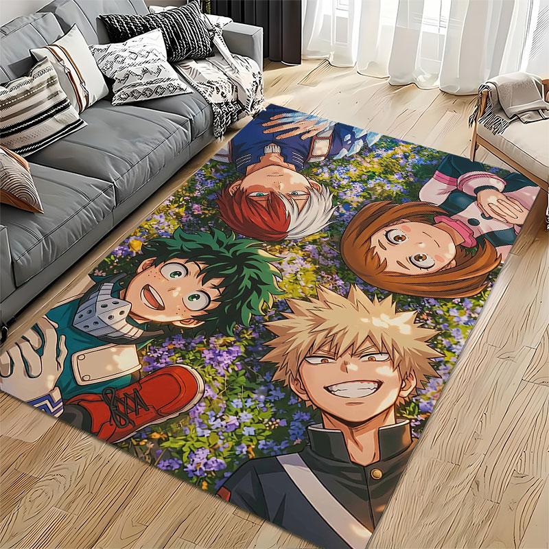 Anime Characters On Floral Carpet Suitable As a Non-slip Mat for the Living Room or Bedroom Sofa