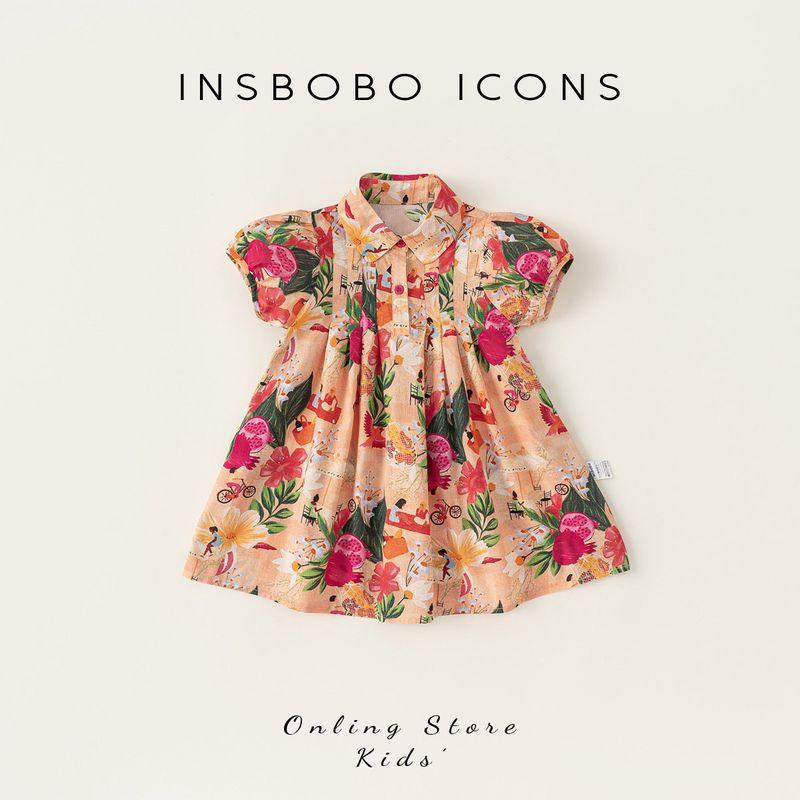 Insbobo Girl Summer Dress Floral Kids Summer Princess Dress New Arrival Shirt Dress Children s Clothing Women s Western Style Orange 90