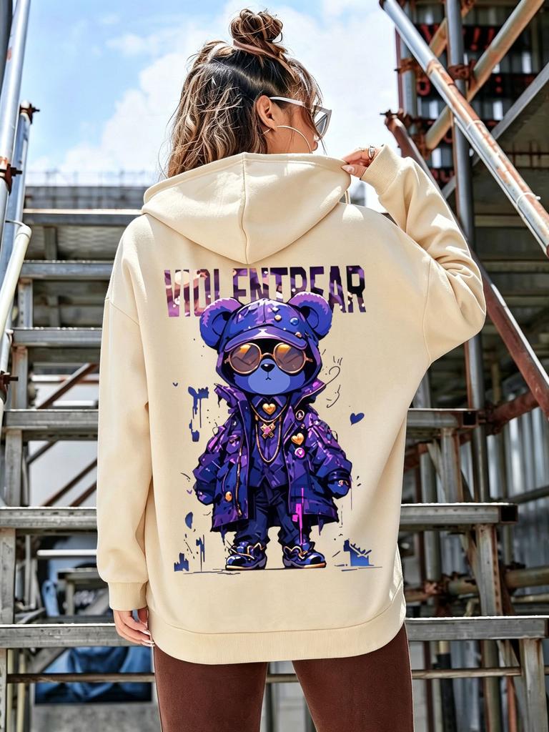American Street Style Purple Sunglasses Small Bear Print Hooded Sweatshirt Oversized Loose Long-sleeved Casual T-shirt
