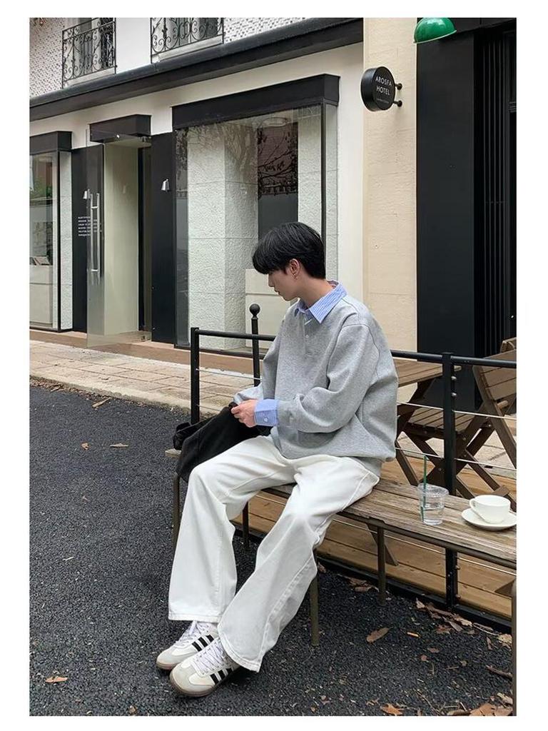 Men's Color-Block Polo Sweatshirt: Fake Two-Piece, Loose Fit, Long Sleeve, Lapel Design, Spring/Autumn Casual Versatile Top.
