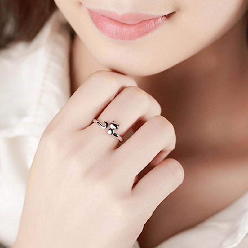 Adjustable Open Rings for Women Lovely Cat Long Tail Finger Rings Knitting Crocheting Joint Rings Jewelry Accessories