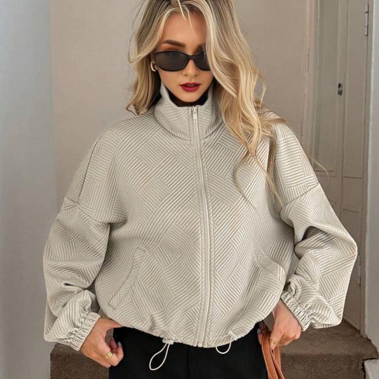 Women's Full Zip Short Jacket Casual Long Sleeve Stand Collar Crop Coat Drawstring Hem Fall Sweatshirt with Pockets