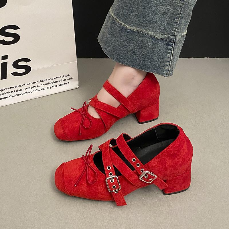 French Style Height-enhancing Silver Bow Design Thick-heeled Lizhen Shoes for Women  2025  New Spring Retro Ballet Pumps