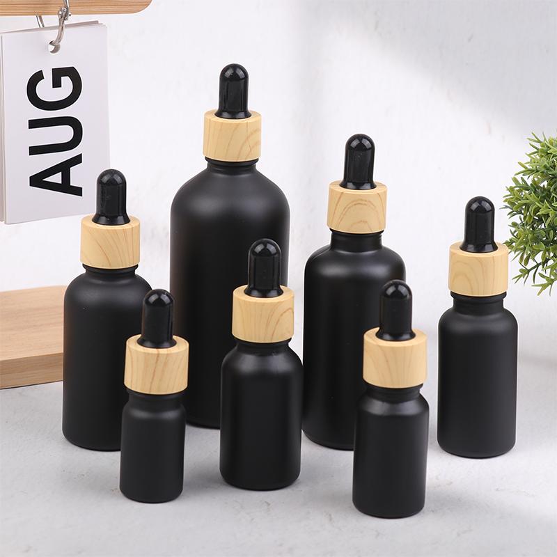 5Ml-100Ml Black Frosted Essential Oil Glass Bottle Wood Grain Dropper Bottle Aromatherapy Liquid Pipette Bottle Refillable