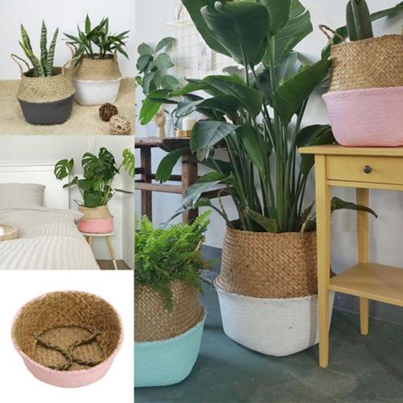 New Bamboo Storage Baskets Foldable Laundry Straw Patchwork Wicker Rattan Seagrass Belly Garden Flower Pot Planter Basket