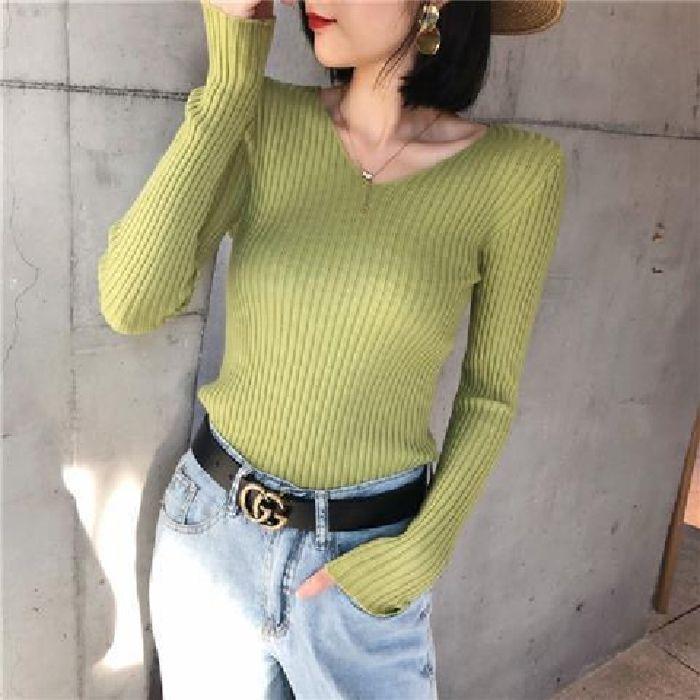 V-neck Women's Knitted Sweater, Long-sleeved, Versatile Base Layer Sweater
