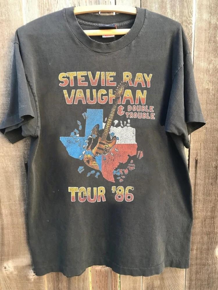 Stevie Ray Vaughan amp Double Trouble Tour ‘86 Shirt Charcoal Color Men Women Unisex T-Shirt L