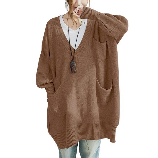 Women Sweater V-Neck Long Sleeve Sweater with Pockets Solid Color Loose Fit Long Hem Knitting Tops Autumn Winter Wear