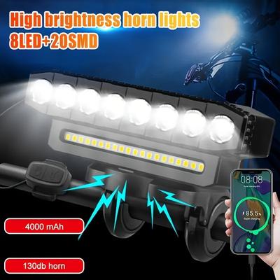 Éclairage de vélo avec klaxon, Klaxon électrique puissant de 130 dB, Phare de vélo rechargeable par USB de 4000 mAh, Éclairage avant étanche 8LED+20SMD pour le cyclisme