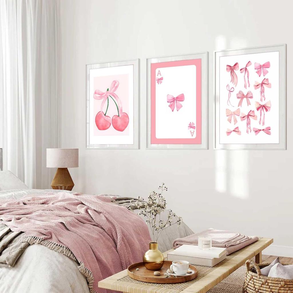 3 ks Trendy růžové mašle nástěnné umění Preppy akvarelové mašle plátno plakáty tisky dívčí estetika nástěnná dekorace obrázky pro kolejní byt ložnice