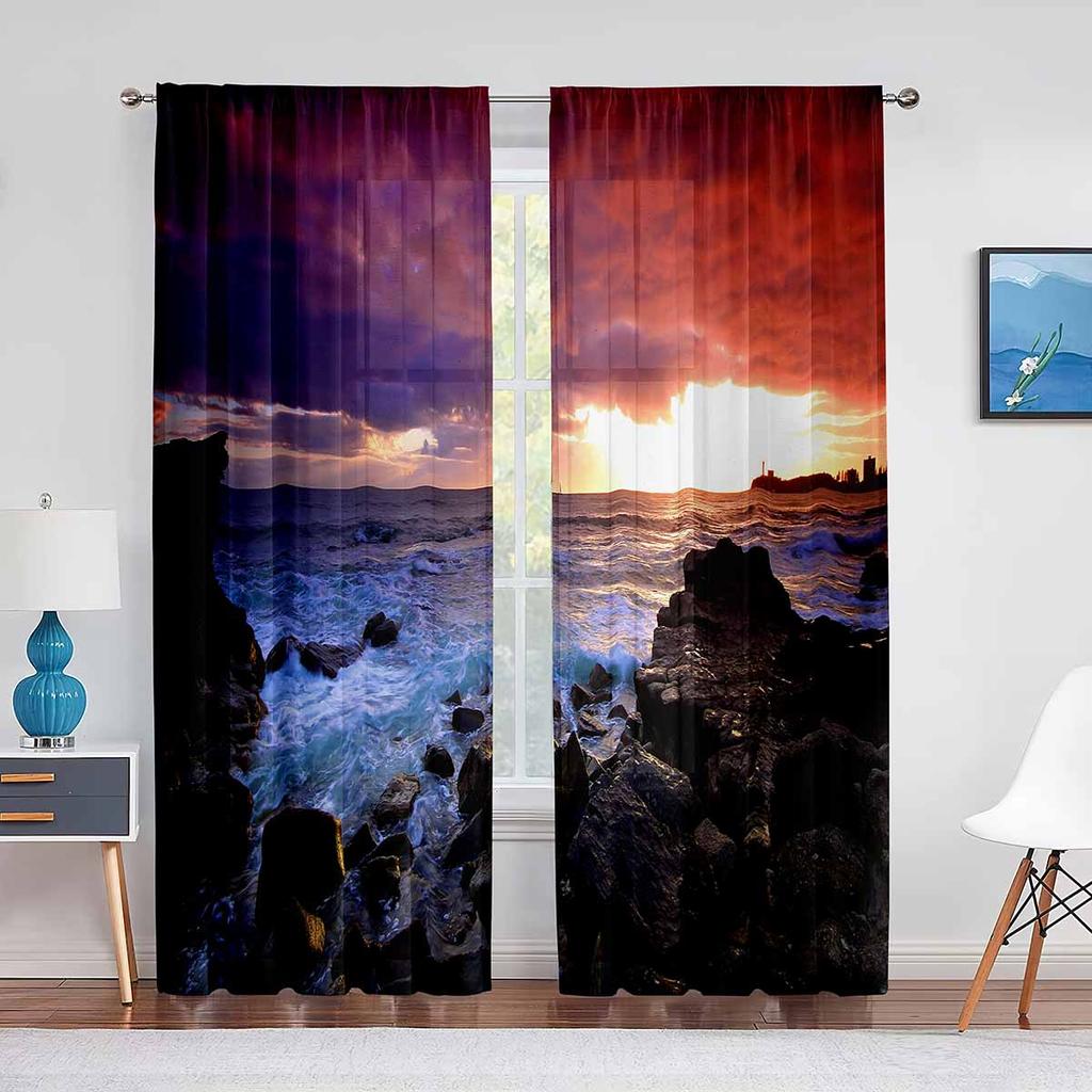 Sunset Clouds Sheer Voile Curtain Sun Rays Landscape View Art Window Tulle Curtains for Living Room Bedroom Kitchen Decorations