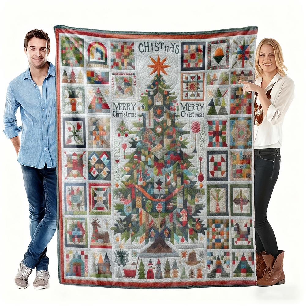 Vintage Quilted Christmas Tree & Patchwork Fleece Blanket Merry Christmas Festive Winter Throw Blanket Soft for Holiday Gift