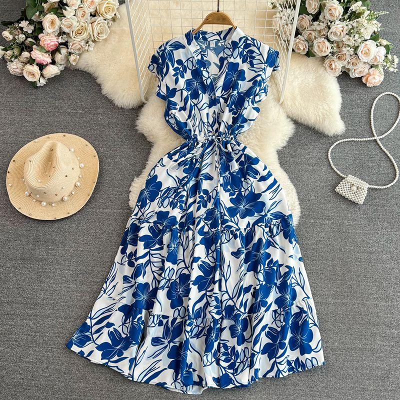 

Accessible Luxury Flying Sleeves V Neck A- line Elegance Print Dress Blue flowers on white background All yards