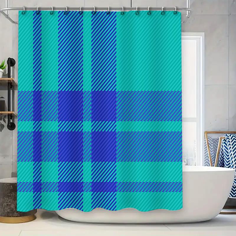 

Blue Teal Plaid Pattern Shower Curtain Waterproof Polyester Bathroom Decor For Home Kitchen Washroom Gift Idea Set. W60H190(CM)-1 Pcs