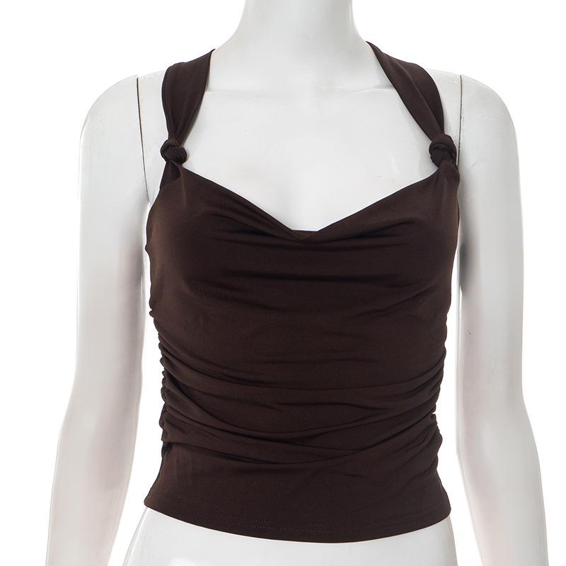 

Q25TP108 Women s Summer Solid Color Low-Cut Sleeveless Ruffle Cropped Top Small коричневий