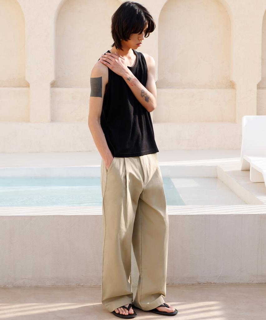 SIGNATURE One-Pleat Wide Cotton Pants [Beige]